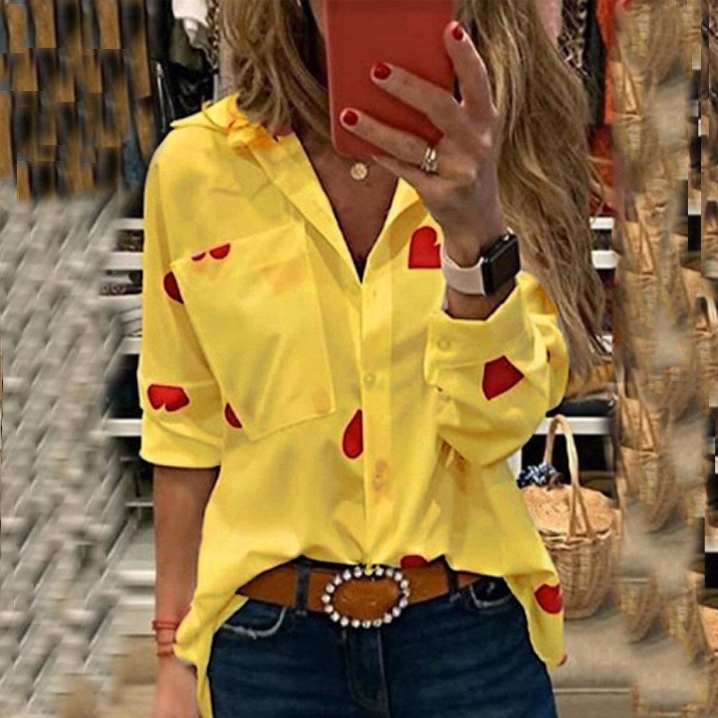 Feitong Blouse Women's Shirt Fashion Long Sleeve Slim Heart Printed Turn down Collar Pocket Blouses blusas mujer de moda 2019