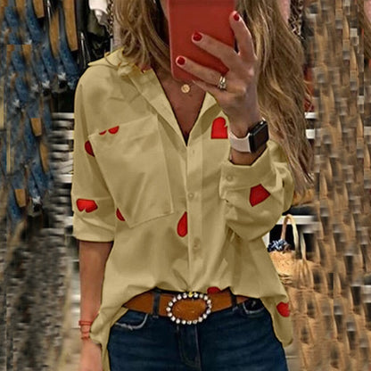 Feitong Blouse Women's Shirt Fashion Long Sleeve Slim Heart Printed Turn down Collar Pocket Blouses blusas mujer de moda 2019