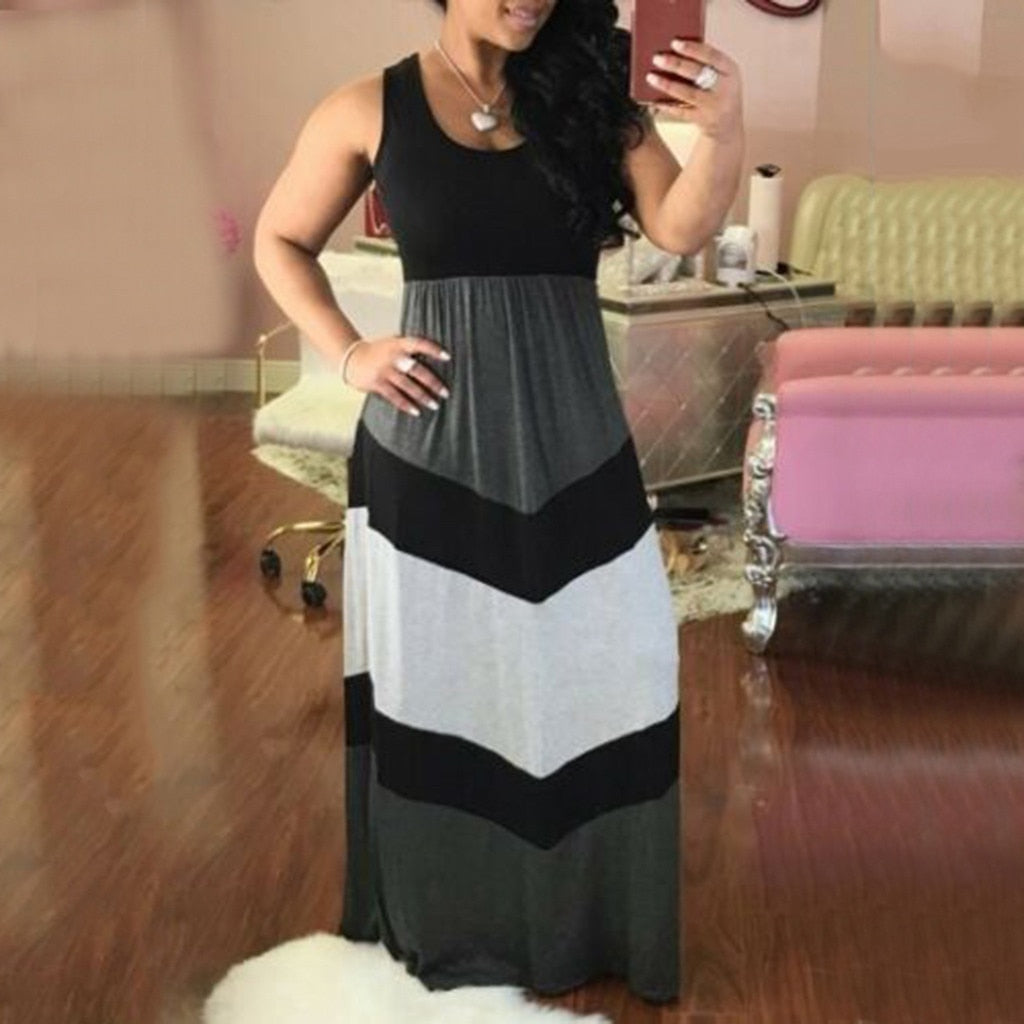 Feitong Women's Sleeveless Striped Dress Stitching Casual Color Block High Waist Maxi Long Dress Robe Femme
