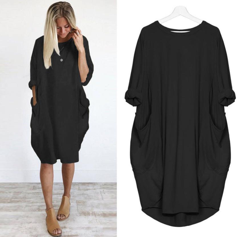 Feitong Plus Size Boho Womens Dress Ladies Casual Pocket Loose Dress Crew Neck Mini Tops Dress female vestidos verano 2020 New