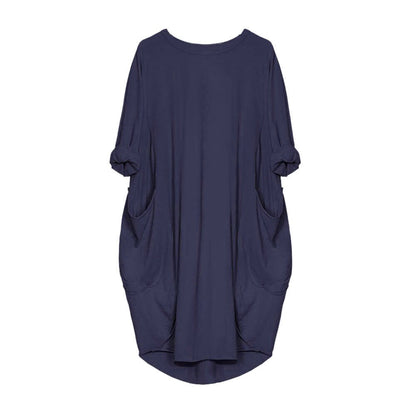 Feitong Plus Size Boho Womens Dress Ladies Casual Pocket Loose Dress Crew Neck Mini Tops Dress female vestidos verano 2020 New