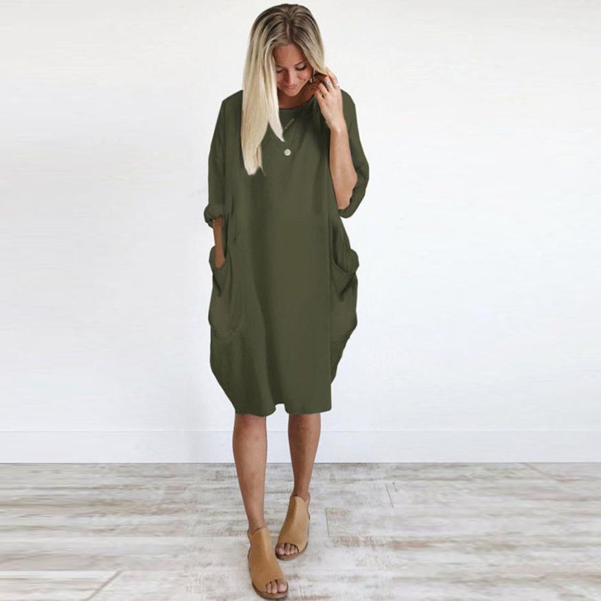 Feitong Plus Size Boho Womens Dress Ladies Casual Pocket Loose Dress Crew Neck Mini Tops Dress female vestidos verano 2020 New