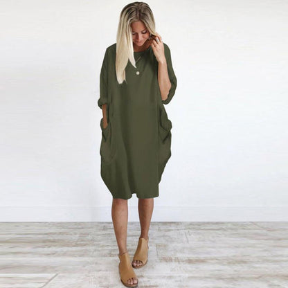 Feitong Plus Size Boho Womens Dress Ladies Casual Pocket Loose Dress Crew Neck Mini Tops Dress female vestidos verano 2020 New