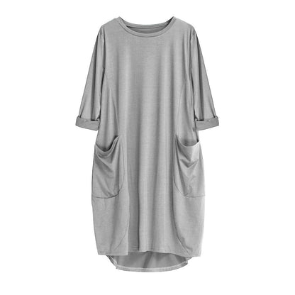 Feitong Plus Size Boho Womens Dress Ladies Casual Pocket Loose Dress Crew Neck Mini Tops Dress female vestidos verano 2020 New