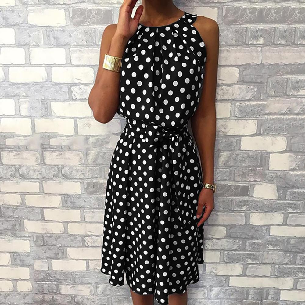 Feitong Women Halter Dress Summer Fashion Polka Dot Knee-Length Dress Sleeveless Dresses Off Shoulder Casual Loose Dress 2020