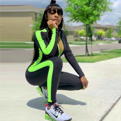 Fitness Jumpsuit Sporty  Rompers Womens Jumpsuit 2019 Workout Patchwork Zipper Long Sleeve Jumpsuits Activewear Autumn