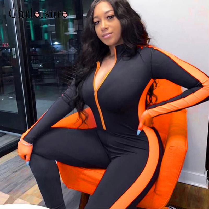 Fitness Jumpsuit Sporty  Rompers Womens Jumpsuit 2019 Workout Patchwork Zipper Long Sleeve Jumpsuits Activewear Autumn