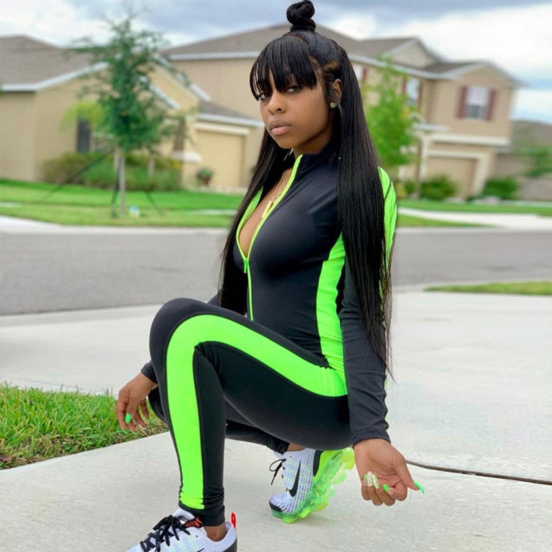Fitness Jumpsuit Sporty  Rompers Womens Jumpsuit 2019 Workout Patchwork Zipper Long Sleeve Jumpsuits Activewear Autumn