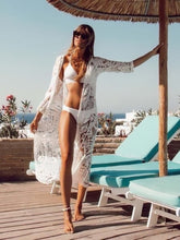 Load image into Gallery viewer, Fitshinling Bohemian White Dress Beach Cover-Up Swimwear Sarong Embroidery Lace Kimono Sexy Transparent Long Cardigan Saida de Praia
