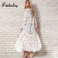 Load image into Gallery viewer, Fitshinling Bohemian White Dress Beach Cover-Up Swimwear Sarong Embroidery Lace Kimono Sexy Transparent Long Cardigan Saida de Praia
