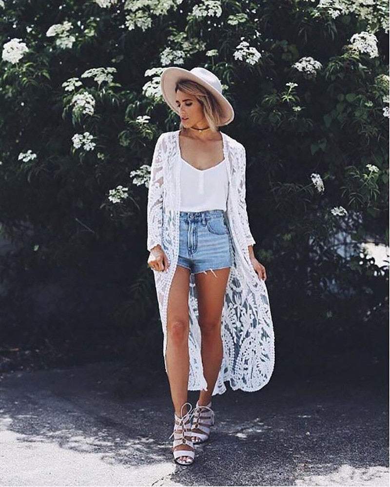 Fitshinling Bohemian White Dress Beach Cover-Up Swimwear Sarong Embroidery Lace Kimono Sexy Transparent Long Cardigan Saida de Praia