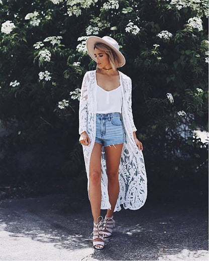 Fitshinling Bohemian White Dress Beach Cover-Up Swimwear Sarong Embroidery Lace Kimono Sexy Transparent Long Cardigan Saida de Praia