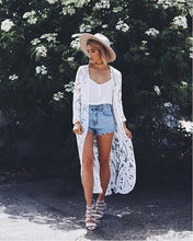 Load image into Gallery viewer, Fitshinling Bohemian White Dress Beach Cover-Up Swimwear Sarong Embroidery Lace Kimono Sexy Transparent Long Cardigan Saida de Praia
