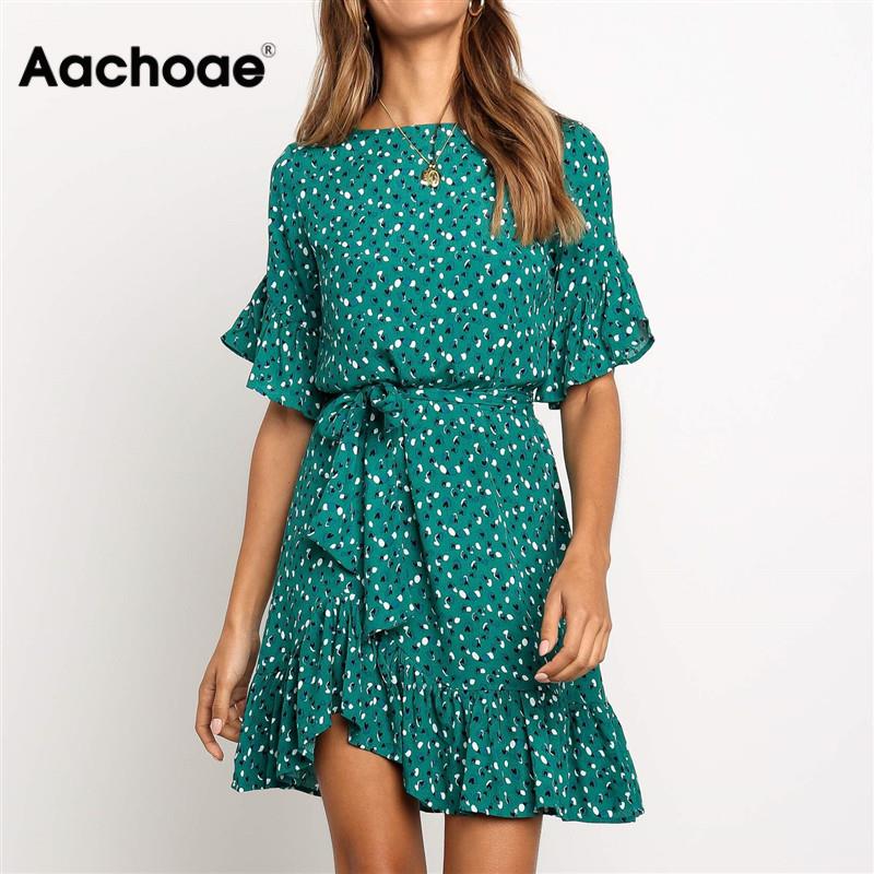 Floral Print Summer Dress Women Boho Ruffles Beach Dress O Neck Short Sleeve Mini Dress Ladies Sundresses Robe Femme