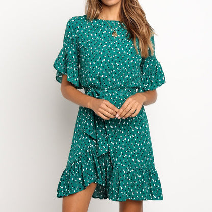 Floral Print Summer Dress Women Boho Ruffles Beach Dress O Neck Short Sleeve Mini Dress Ladies Sundresses Robe Femme