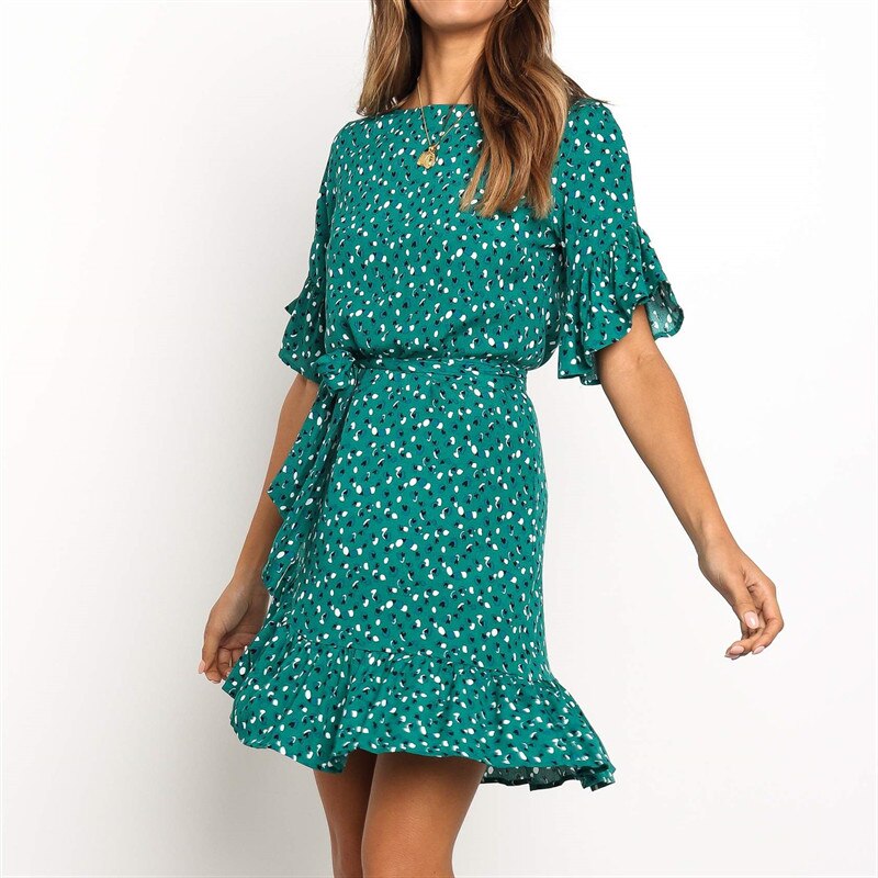 Floral Print Summer Dress Women Boho Ruffles Beach Dress O Neck Short Sleeve Mini Dress Ladies Sundresses Robe Femme