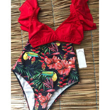 Cargar imagen en el visor de la galería, Floral Ruffled Hem Bikini Set Women Flora V-Neck High-Waisted Two Piece Swimsuit 2021 Girl Beach Bathing Suit Swimwear Biquinis
