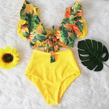 将图片加载到图库查看器，Floral Ruffled Hem Bikini Set Women Flora V-Neck High-Waisted Two Piece Swimsuit 2021 Girl Beach Bathing Suit Swimwear Biquinis
