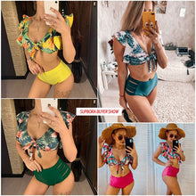 将图片加载到图库查看器，Floral Ruffled Hem Bikini Set Women Flora V-Neck High-Waisted Two Piece Swimsuit 2021 Girl Beach Bathing Suit Swimwear Biquinis
