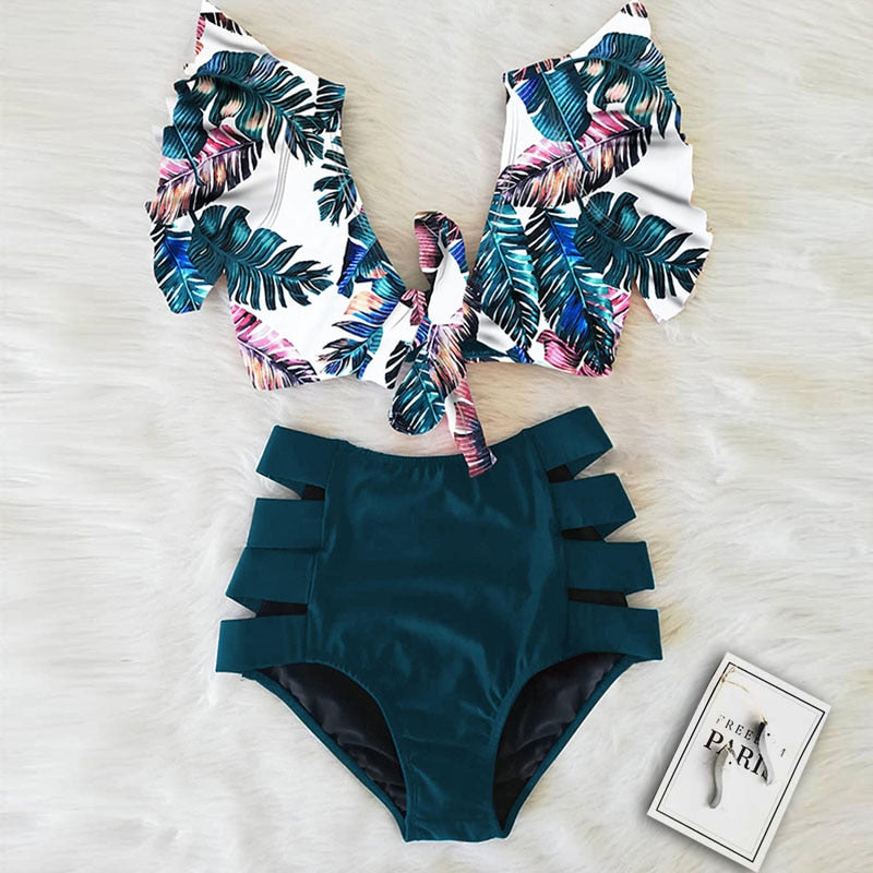 Floral Ruffled Hem Bikini Set Women Flora V-Neck High-Waisted Two Piece Swimsuit 2021 Girl Beach Bathing Suit Swimwear Biquinis