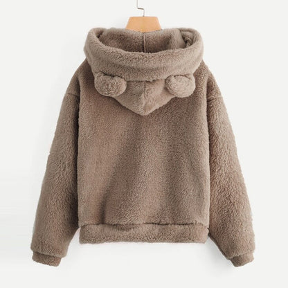 Fluffy hoodies Women kawaii Sweatshirt cute bear ear cap Autumn Winter Warm pullover Long Sleeve outwear Fleece coat moletom new