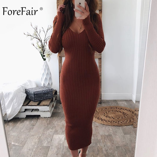 Forefair Knitted Midi Dress Women Autumn 2019 V Neck Basic Slim Ribbed Long Sleeve Bodycon Solid Black White Sexy Winter Dress