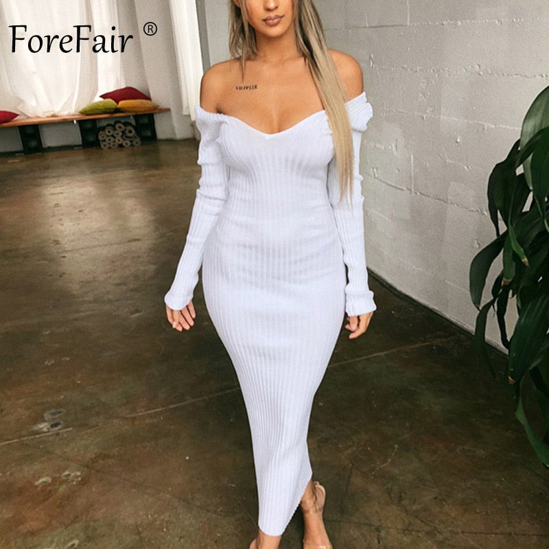 Forefair Knitted Midi Dress Women Autumn 2019 V Neck Basic Slim Ribbed Long Sleeve Bodycon Solid Black White Sexy Winter Dress