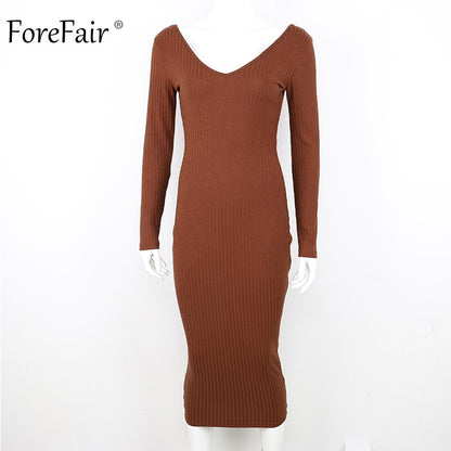 Forefair Knitted Midi Dress Women Autumn 2019 V Neck Basic Slim Ribbed Long Sleeve Bodycon Solid Black White Sexy Winter Dress