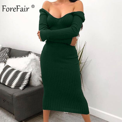 Forefair Knitted Midi Dress Women Autumn 2019 V Neck Basic Slim Ribbed Long Sleeve Bodycon Solid Black White Sexy Winter Dress