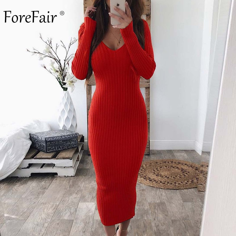 Forefair Knitted Midi Dress Women Autumn 2019 V Neck Basic Slim Ribbed Long Sleeve Bodycon Solid Black White Sexy Winter Dress