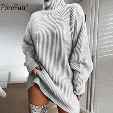 将图片加载到图库查看器，Forefair Turtleneck Long Sleeve Sweater Dress Women Autumn Winter Loose Tunic Knitted Casual Pink Gray Clothes Solid Dresses
