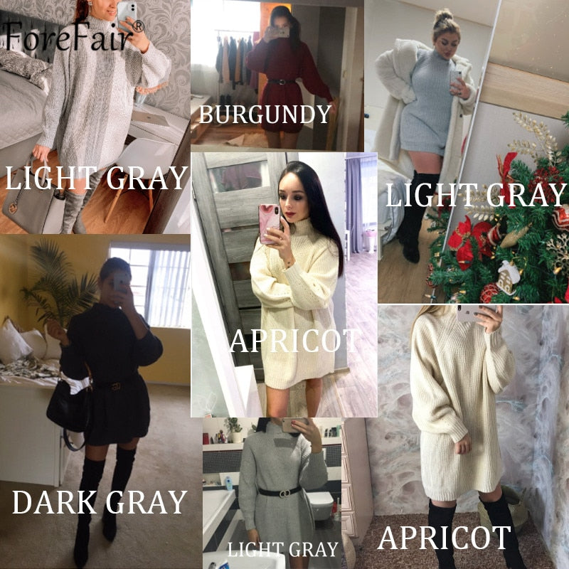 Forefair Turtleneck Long Sleeve Sweater Dress Women Autumn Winter Loose Tunic Knitted Casual Pink Gray Clothes Solid Dresses