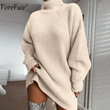 将图片加载到图库查看器，Forefair Turtleneck Long Sleeve Sweater Dress Women Autumn Winter Loose Tunic Knitted Casual Pink Gray Clothes Solid Dresses
