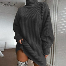 将图片加载到图库查看器，Forefair Turtleneck Long Sleeve Sweater Dress Women Autumn Winter Loose Tunic Knitted Casual Pink Gray Clothes Solid Dresses
