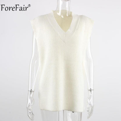 Forefair V Neck Sleeve White Knitted Autumn Winter Women Sweater Vests Casual Loose Outwear Solid Sweater Preppy Style Vests