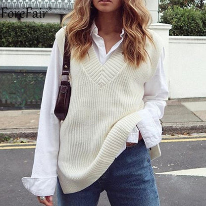 Forefair V Neck Sleeve White Knitted Autumn Winter Women Sweater Vests Casual Loose Outwear Solid Sweater Preppy Style Vests