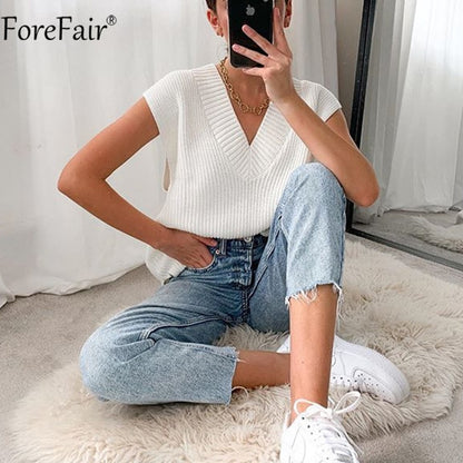 Forefair V Neck Sleeve White Knitted Autumn Winter Women Sweater Vests Casual Loose Outwear Solid Sweater Preppy Style Vests