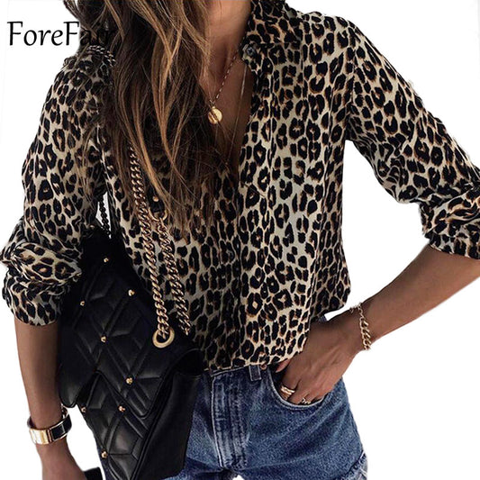 Forefair Winter Plus Size Loose Leopard Blouse Women 2019 Vintage Long Sleeve Office Animal Print Blouse Shirts Women Clothing