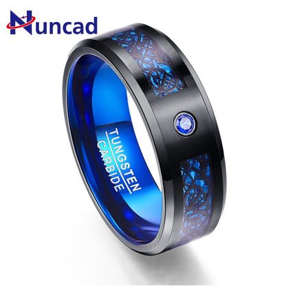 Men's Carbon Fiber Scrub Blue Zircon Men Rings 100% Tungsten Carbide Anillos para hombres Black Dragon