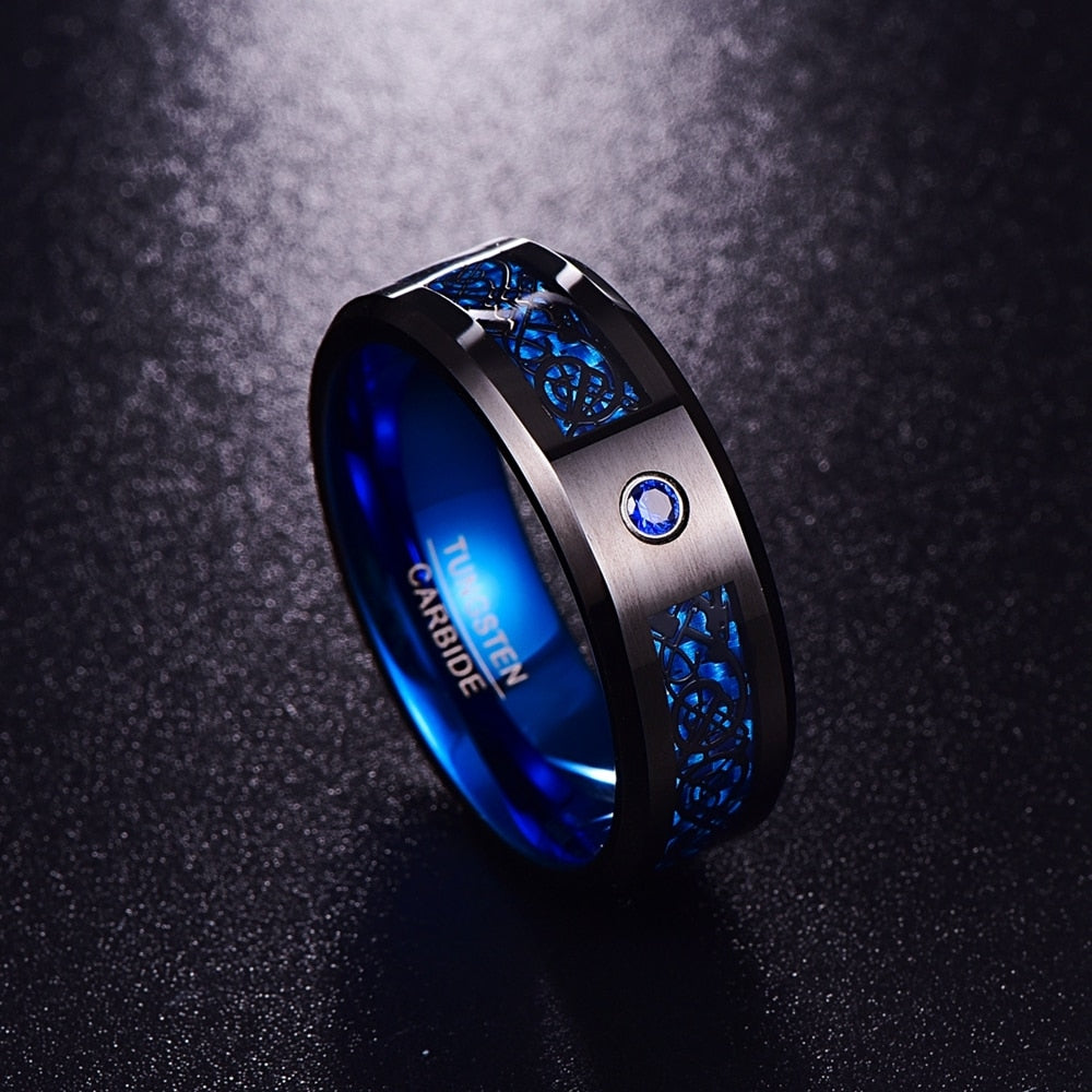 Men's Carbon Fiber Scrub Blue Zircon Men Rings 100% Tungsten Carbide Anillos para hombres Black Dragon