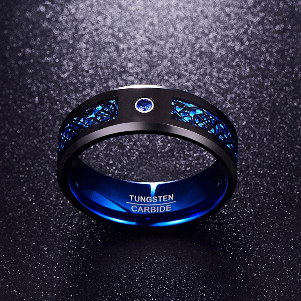 Men's Carbon Fiber Scrub Blue Zircon Men Rings 100% Tungsten Carbide Anillos para hombres Black Dragon