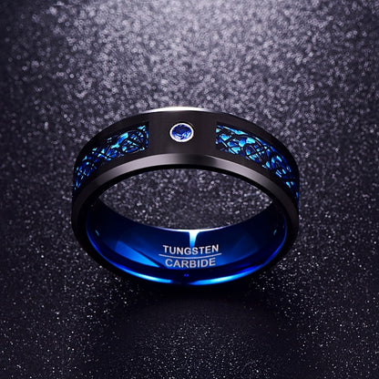 Men's Carbon Fiber Scrub Blue Zircon Men Rings 100% Tungsten Carbide Anillos para hombres Black Dragon