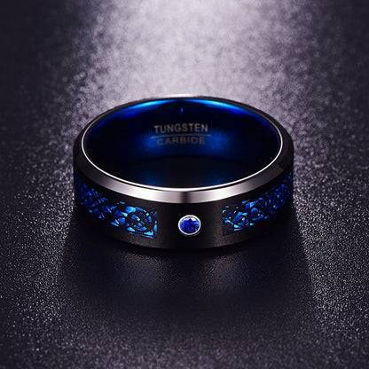 Men's Carbon Fiber Scrub Blue Zircon Men Rings 100% Tungsten Carbide Anillos para hombres Black Dragon