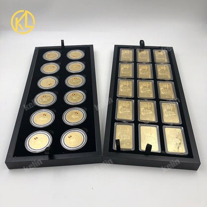 Free Fedex IE Shipping Zimbabwe Gold plated Metal Bar wooden box set with nice gold bar certificates Gold coin for VIP Gifts