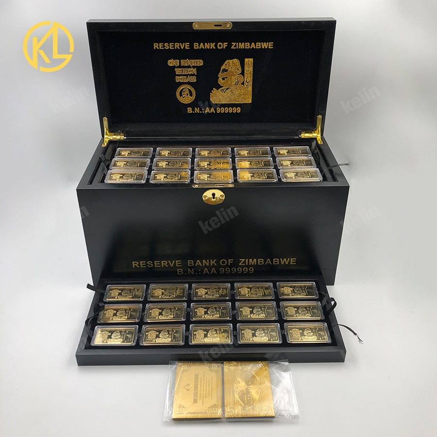 Free Fedex IE Shipping Zimbabwe Gold plated Metal Bar wooden box set with nice gold bar certificates Gold coin for VIP Gifts