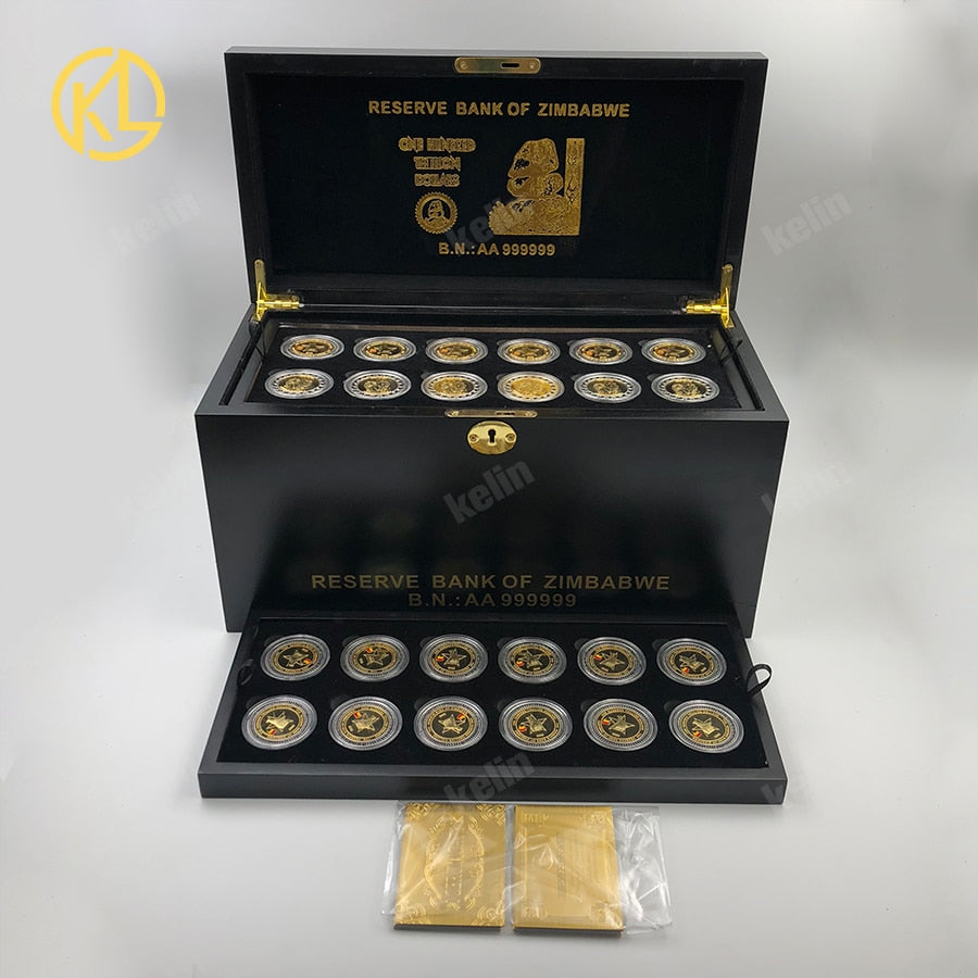 Free Fedex IE Shipping Zimbabwe Gold plated Metal Bar wooden box set with nice gold bar certificates Gold coin for VIP Gifts
