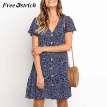 将图片加载到图库查看器，Free Ostrich 2019 Women Button Printing Ruffles V Neck Sleeveless Mini Evening Party Dress Pastoral Style Chic Fresh Dress
