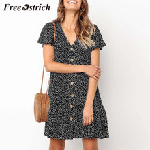 将图片加载到图库查看器，Free Ostrich 2019 Women Button Printing Ruffles V Neck Sleeveless Mini Evening Party Dress Pastoral Style Chic Fresh Dress
