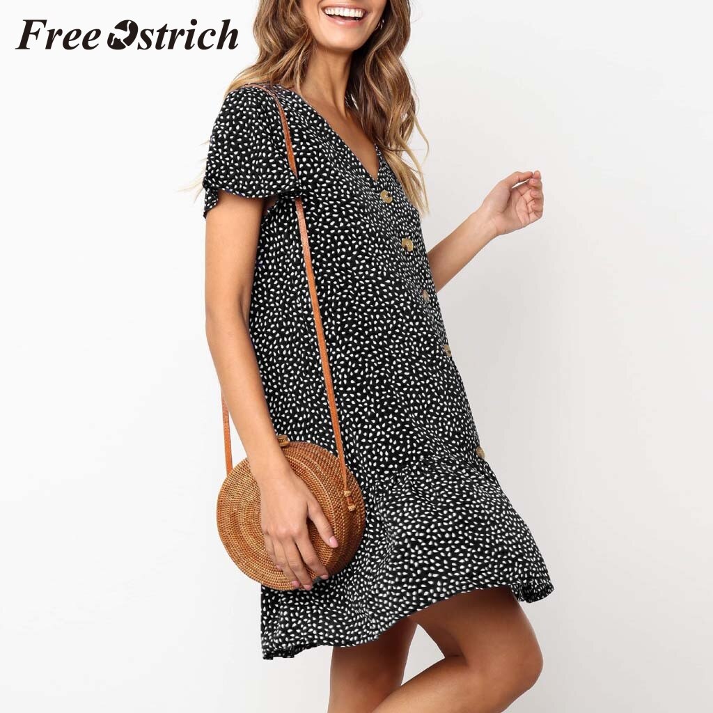 Free Ostrich 2019 Women Button Printing Ruffles V Neck Sleeveless Mini Evening Party Dress Pastoral Style Chic Fresh Dress