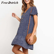 将图片加载到图库查看器，Free Ostrich 2019 Women Button Printing Ruffles V Neck Sleeveless Mini Evening Party Dress Pastoral Style Chic Fresh Dress
